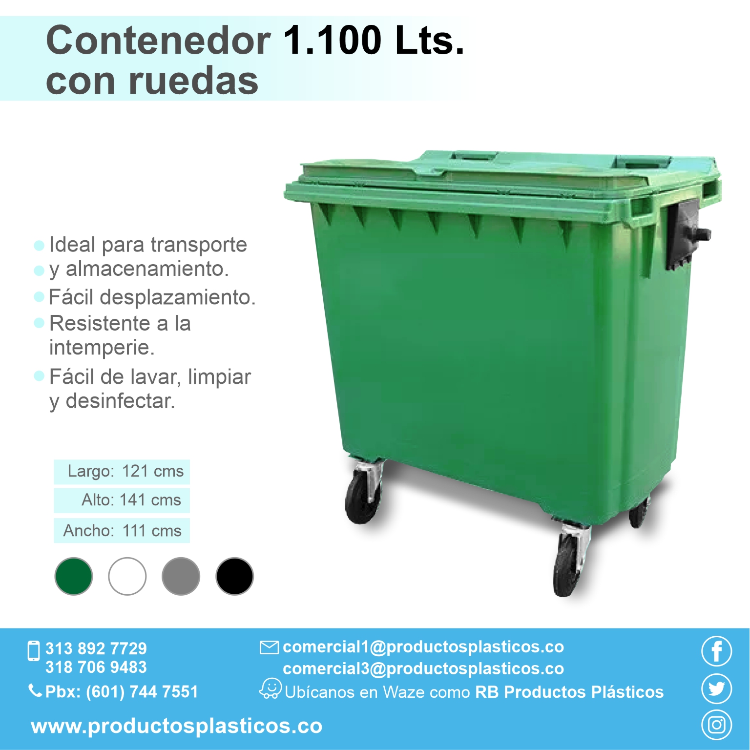 Contenedores para residuos - Plásticos de 1100 litros - 4 ruedas